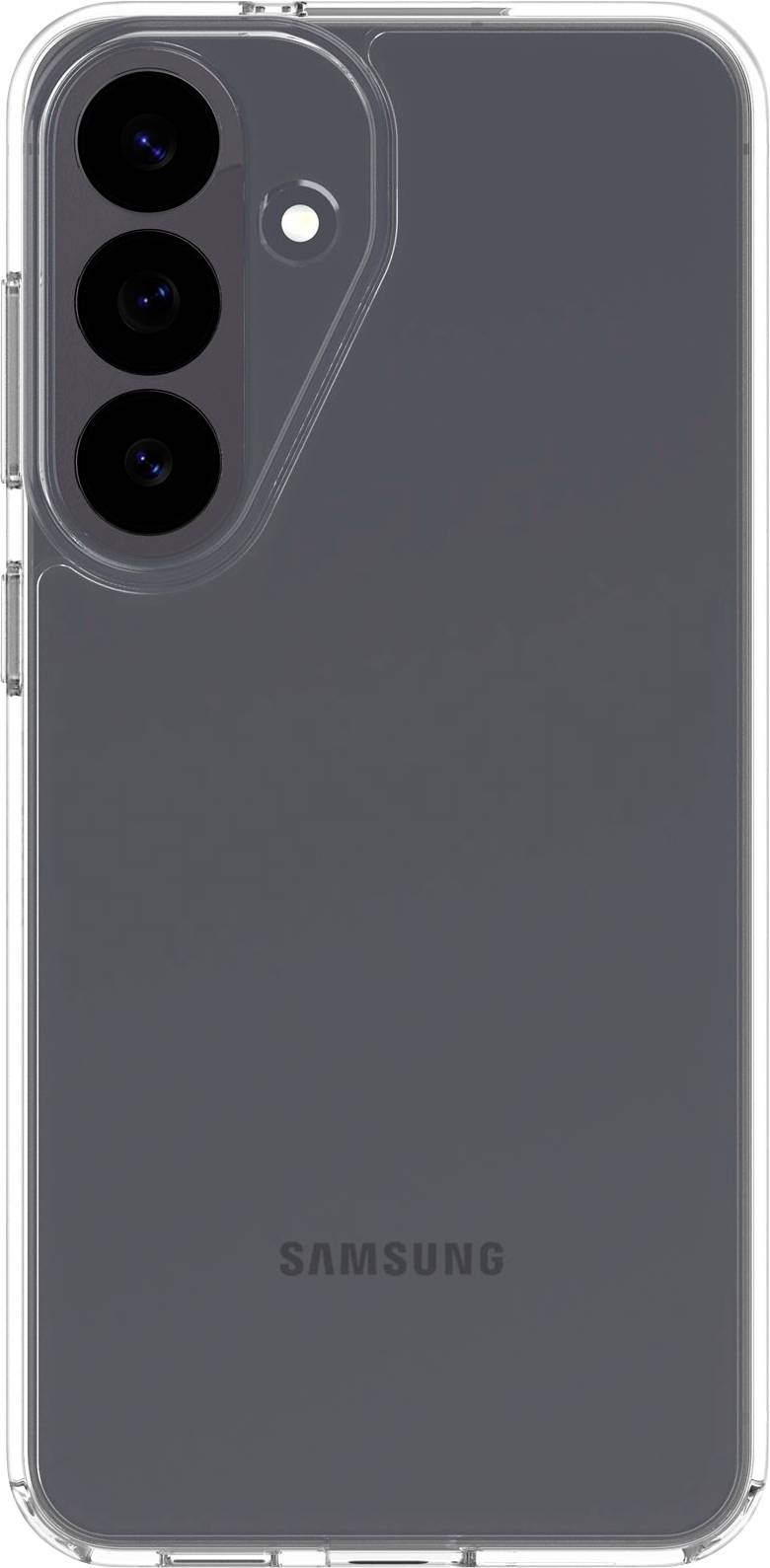 Bakvy av en mörkgrå Samsung-smartphone i ett transparent skyddscover, som visar tre bakomvarande kameror och blixt justerade vertikalt i det övre vänstra hörnet.