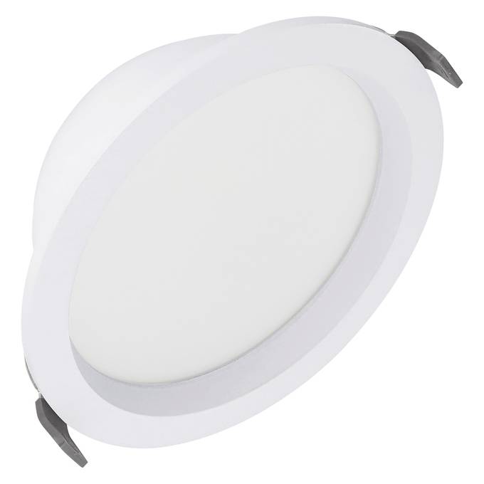 Rund vit inbyggd LED-taklampa med fjäderklämmor, visad på vit bakgrund.