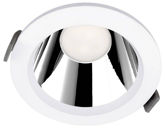 Rund infälld taklampa med vit kant och kromad reflektor omkring en central glödlampa.