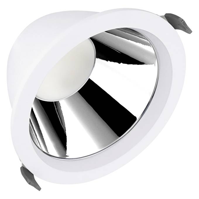 Rund inbyggd taklampa med vit trimmring, speglade reflektor och glödlampa centrerad inuti.