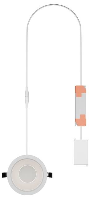 En rund takljus-hängande lampa med en lång vit sladd och en bifogad rektangulär kontrollbox som hänger bredvid den.