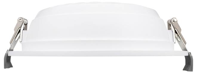 Frontvyn av en vit plasttvättekorg med ett upphöjt lock och sidohandtag.