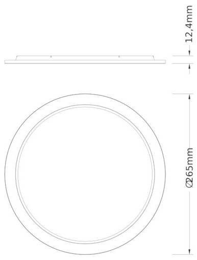 Teknisk ritning av en rund infälld ljusarmatur, visar sido- och frontvyer med dimensioner 65 mm diameter och 12,4 mm djup.