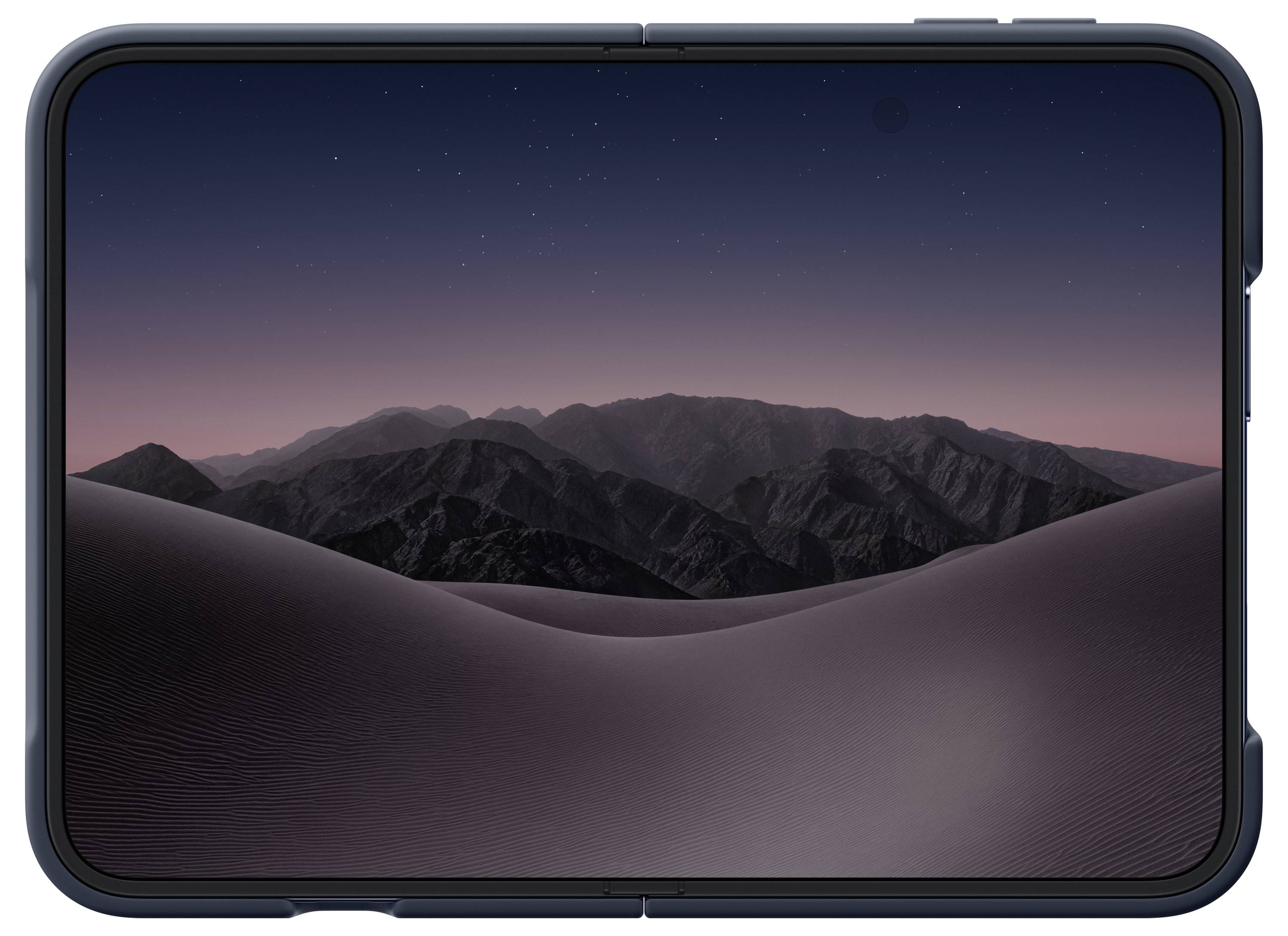 En smartphone med ett tapetwallpaper av ökenkullar och fjälllandskap vid skymningen.