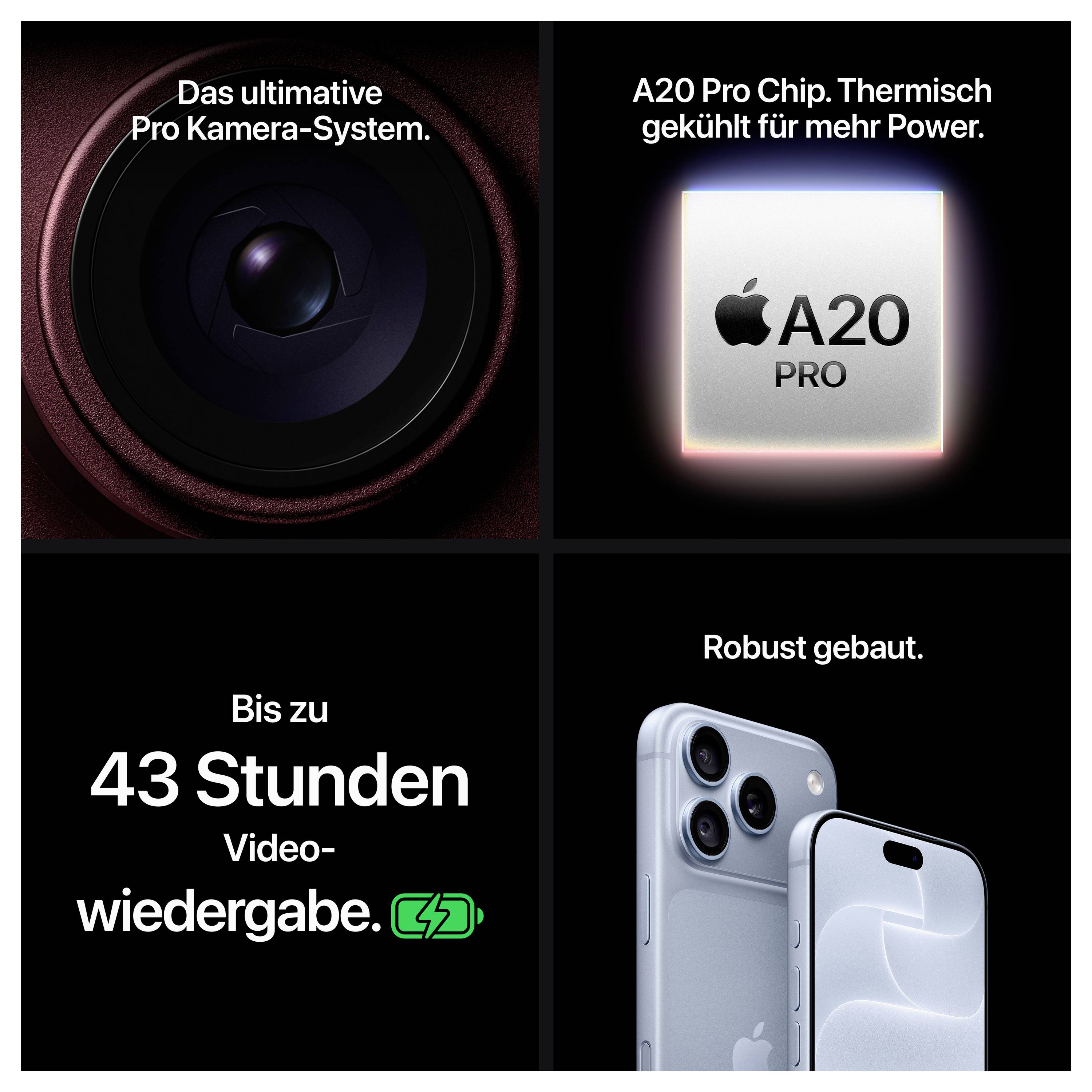 Fyra fält för iPhone 16 Pro: Pro-kamerasystem, A20 Pro-chip med värmeavledning, upp till 43 timmars videouppspelning, robust konstruerad hölje.