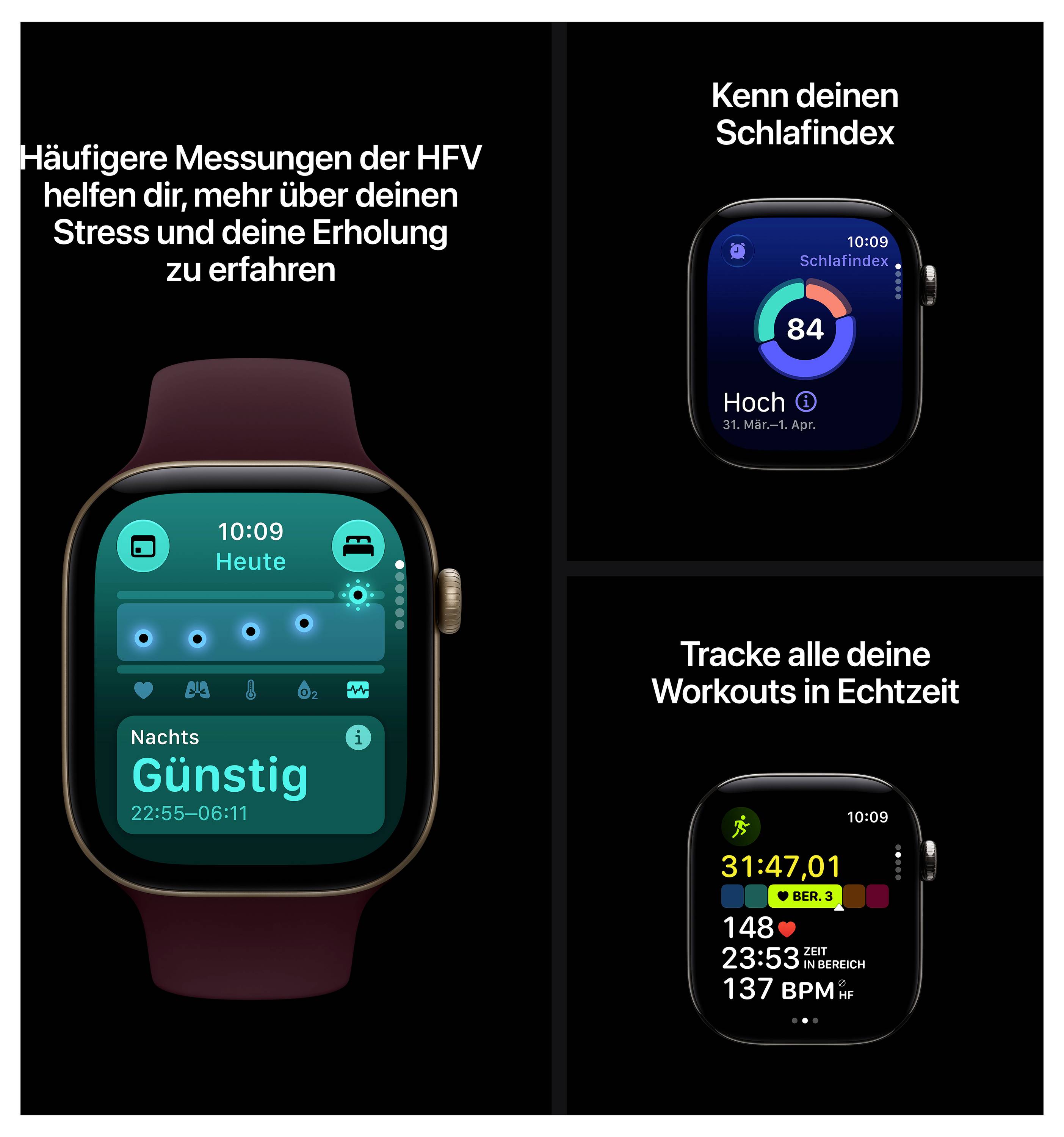 Reklam för Apple Watch med tre funktioner: mer frekventa HFV-mätningar, sömnindex och träningsuppföljning i realtid; urmönster på svart bakgrund.