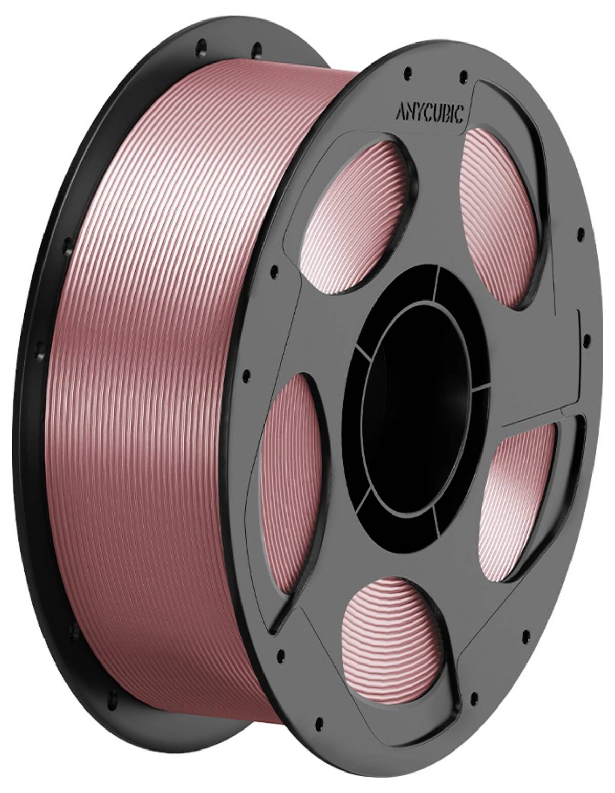 Spole med rosa 3D-skrivarbehållare på en svart rulle märkt "ANYCUBIC".