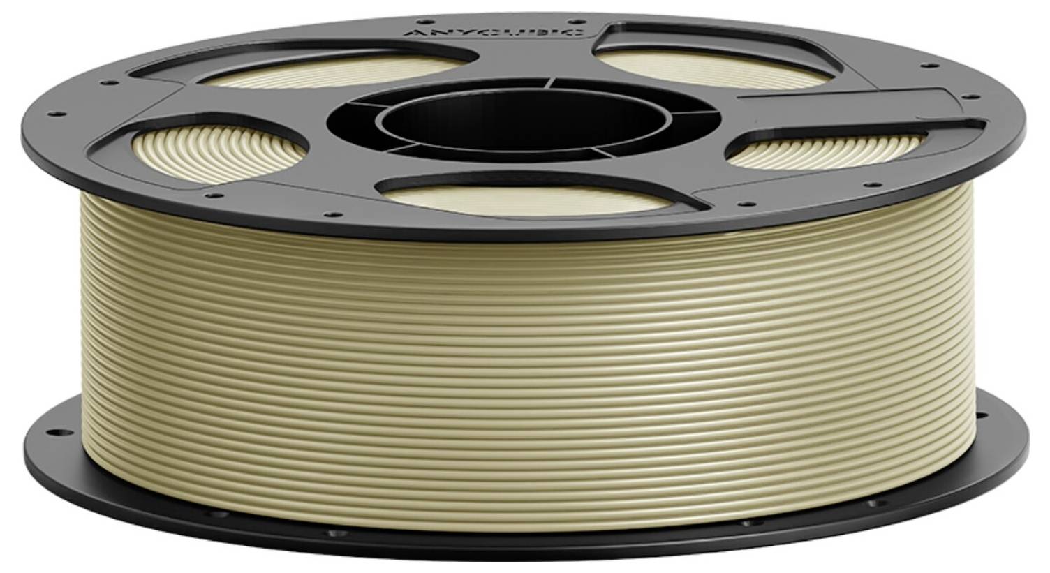 Stor spole med beige filament för en 3D-skrivare på en svart bricka, visad isolerad på vit bakgrund.