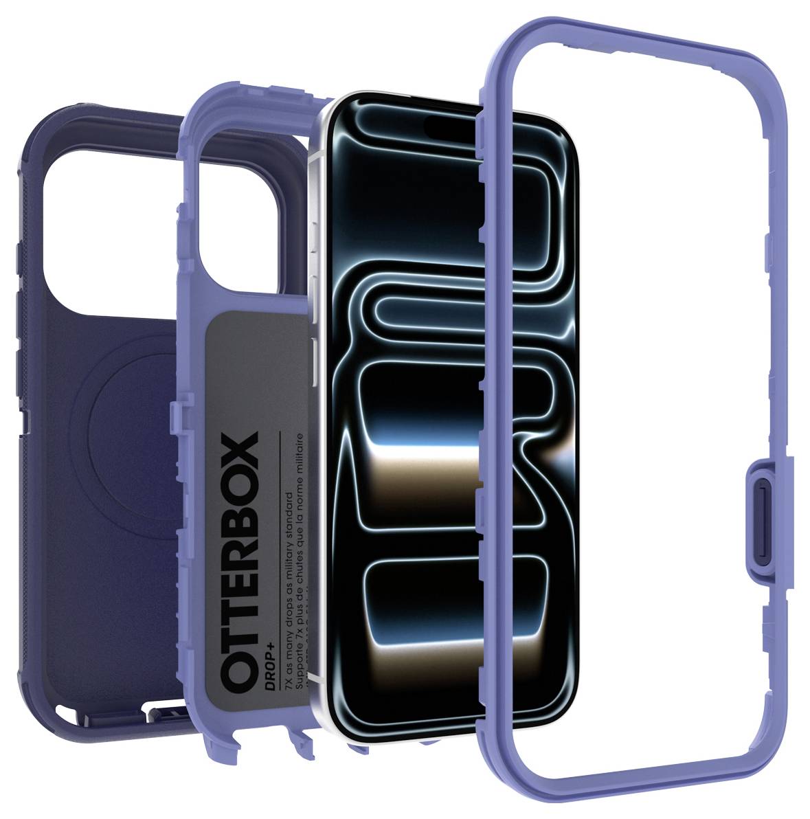 Exploderad vy av ett blått OtterBox-smartphonefall som visar den yttre ramen, det inre skalet och den installerade telefonskärmen.