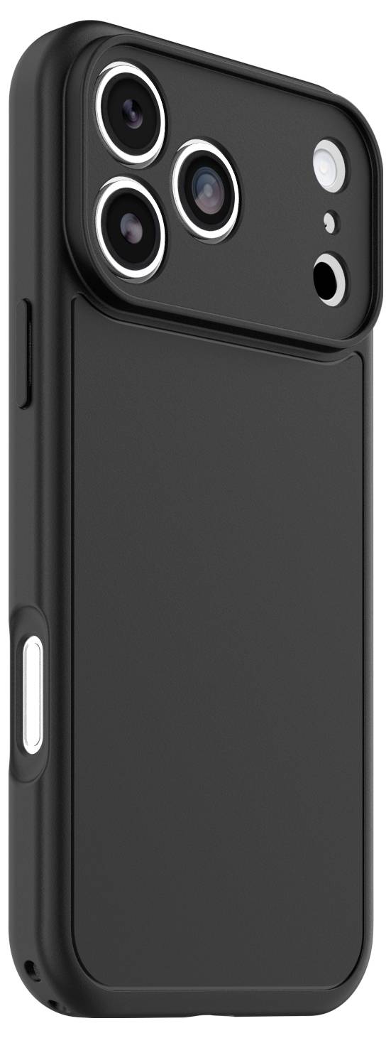 Svart smartphonefodral med upphöjda trippelkameraöppningar, sidbuttonskydd och en stor baksida.