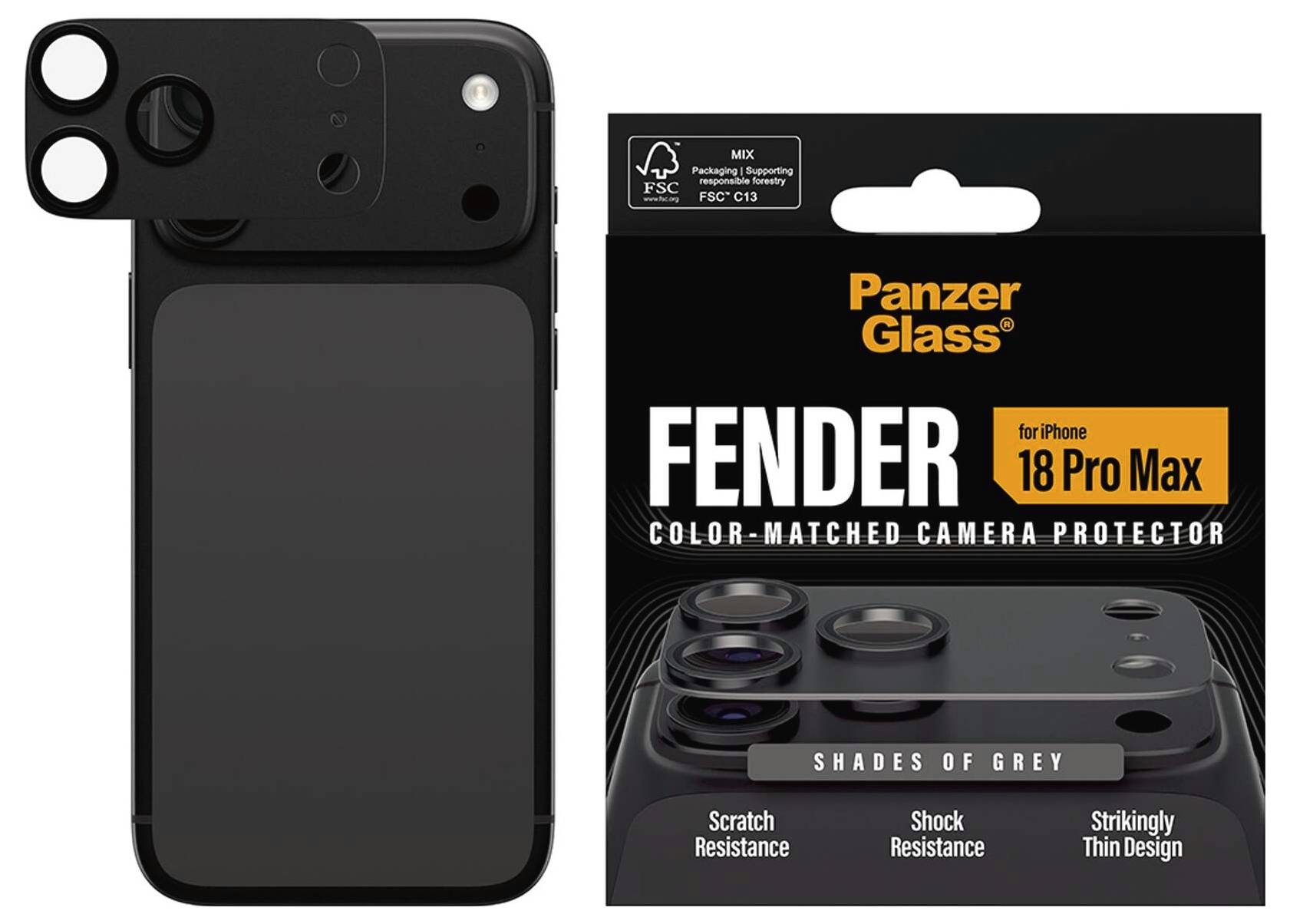 PanzerGlass Fender färgmatchad kamerasökare för iPhone 18 Pro Max i gråtoner, visas bredvid det svarta kamerahöljet och produktförpackningen.