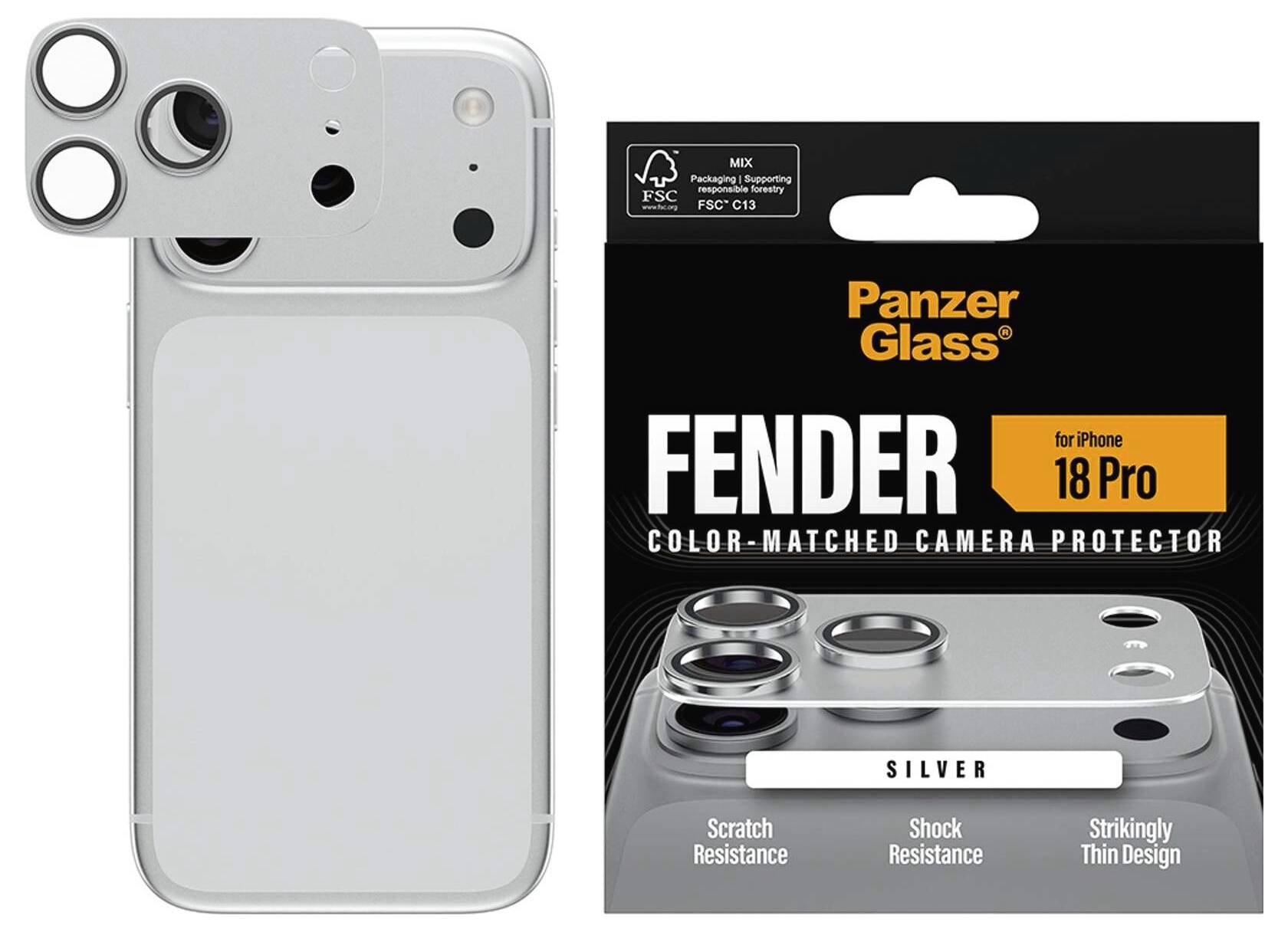 PanzerGlass Fender färgmatchad silver kamerabeskyttar för iPhone 18 Pro, visad installerad på en telefon och på produktförpackningen.