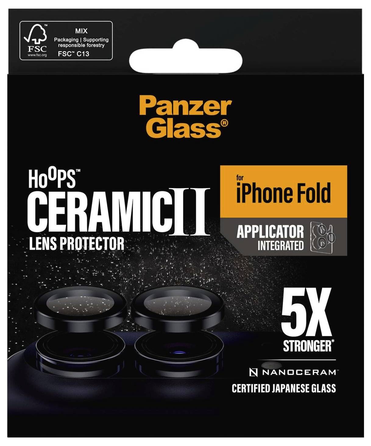PanzerGlass HOOPS Ceramii II linsöppare förpackning för iPhone Fold, visar integrerad applicerare, 5X starkare och Nanoceram-certifierad japansk glas.