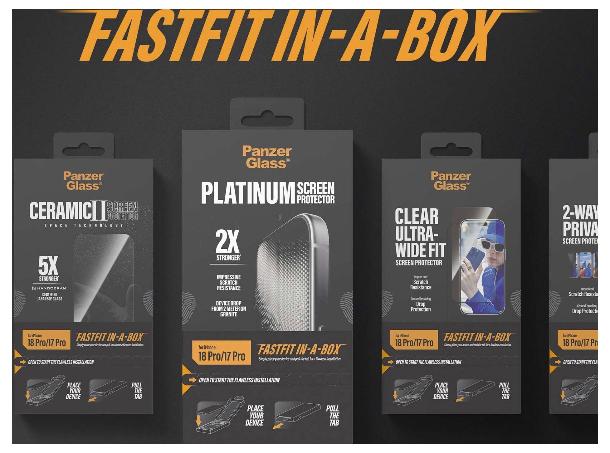 PanzerGlass FastFit i förpackningen skärmskyddare packningssamling, som visar Ceramic, Platinum, Clear Ultra-Wide Fit och 2-Way Privacy-alternativ för iPhone 17 Pro/17 Pro Max.