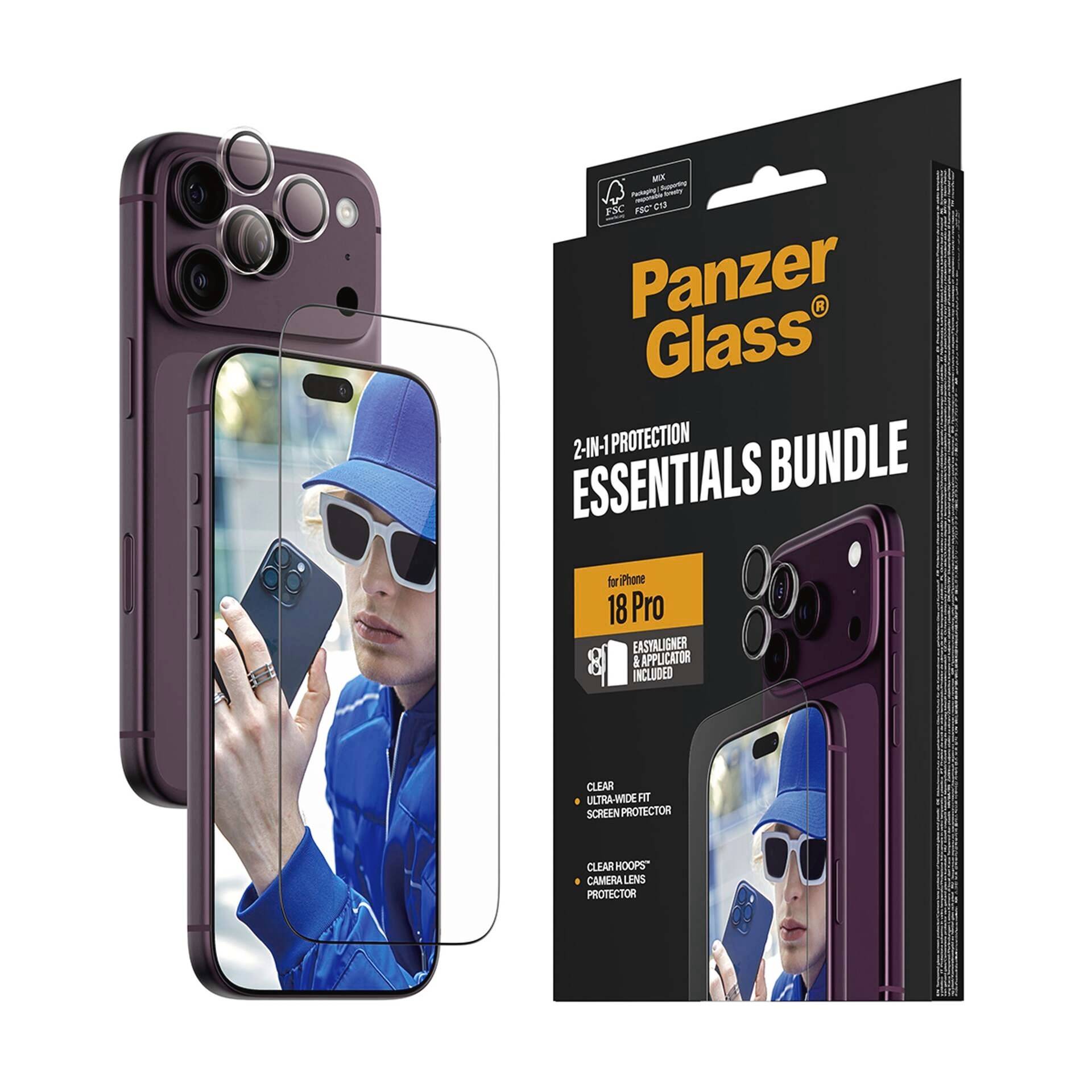 PanzerGlass Essentials Bundle för iPhone 18 Pro, visar en klar skärmskydd och kameralinsskydd på en lila telefon och produktförpackning.