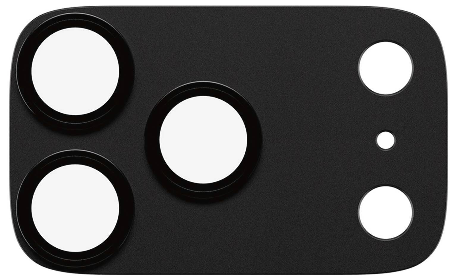 Svart smartphonekamerahölje med fem utskärningar för tre linser, blixt och sensor på ett rundad rektangulärt bakplåt.