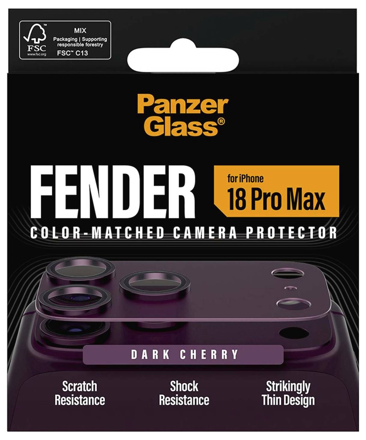 PanzerGlass Fender färgmatchad kamerabeskyddare för iPhone 18 Pro Max i mörkröd körsbär, som framhäver repstandstyrka, stötbeständighet och tunndesign.