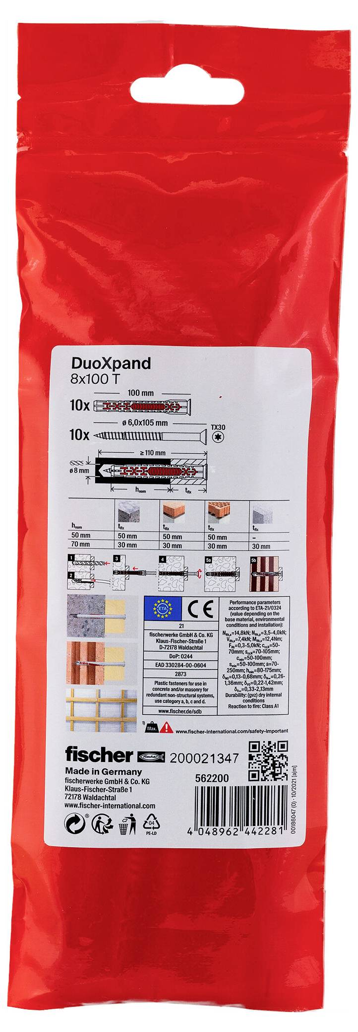 Red Fischer DuoXpand väggankare-förpackning märkt "DuoXpand" med produktspecifikationer och installationsdiagram på framsidan.