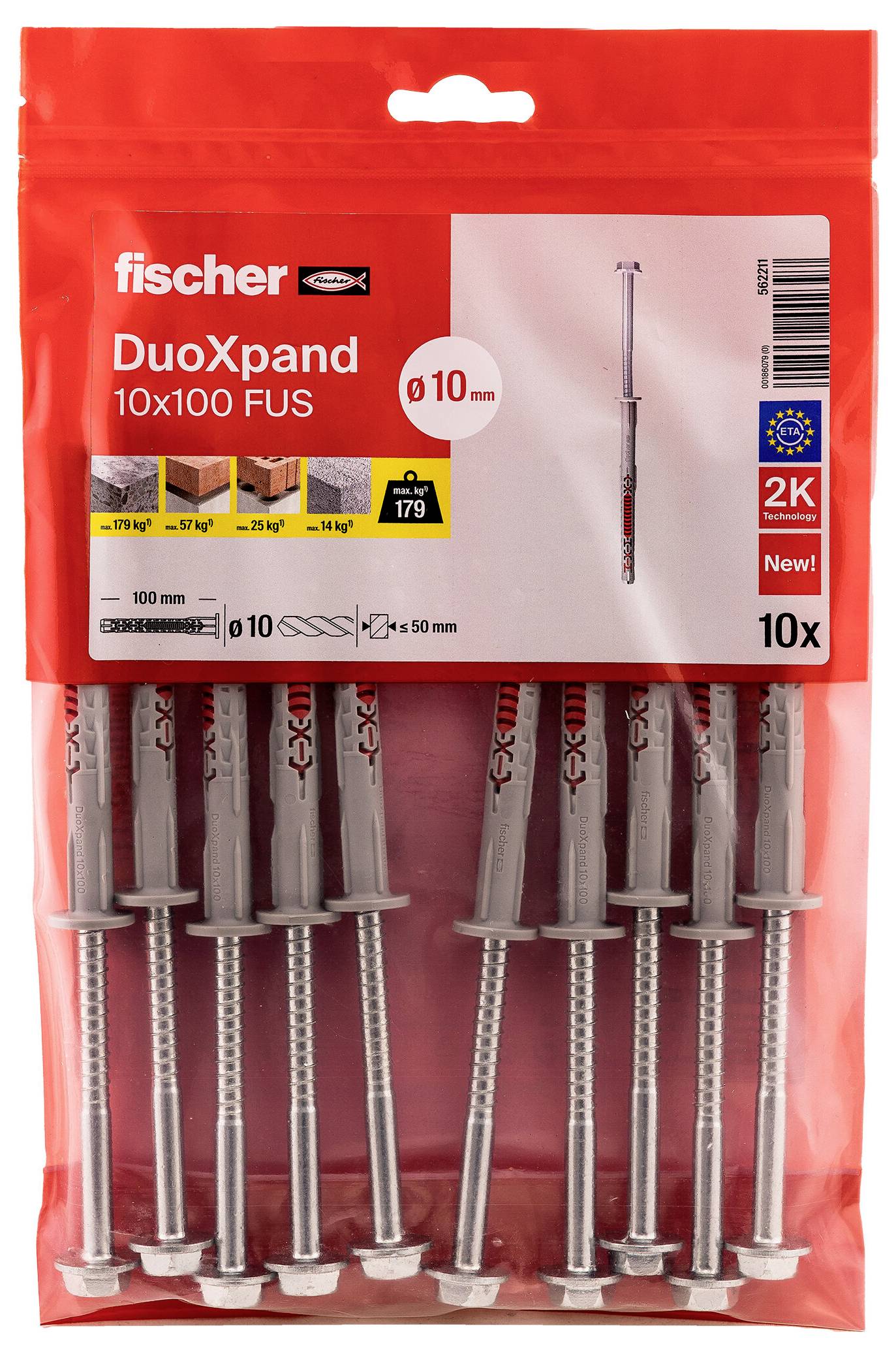 Förpackning av fischer DuoXpand 10x100 FUS väggankare, 10 stycken, visar en enskild ankare illustration och en borrspets storleksetikett på 10 mm.