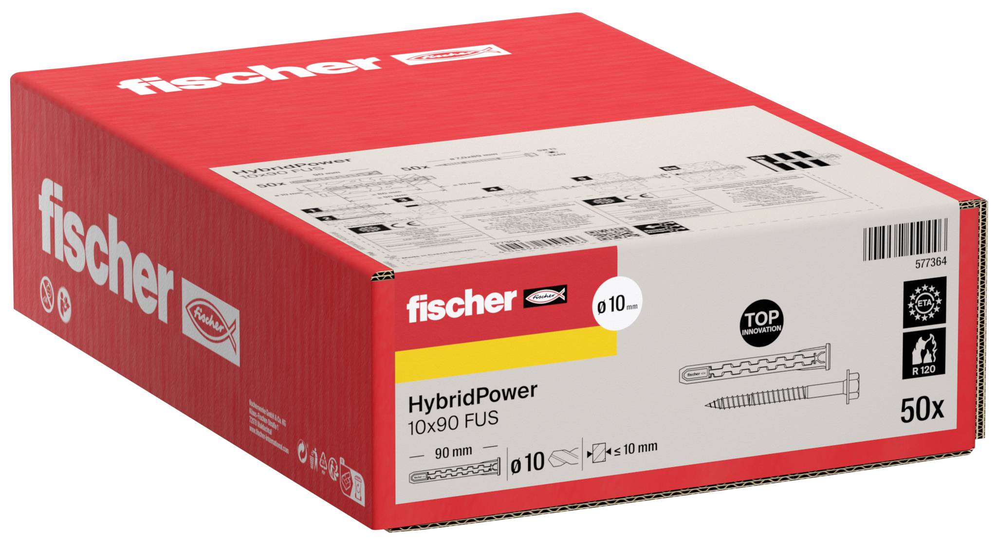 Röd Fischer-låda med HybridPower 10x90 FUS väggpluggar, märkt 50x och ø10 mm.