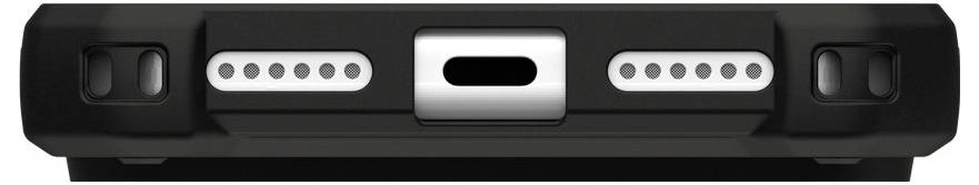 Närbild av ett robust svart telefonskydd med utskärningar för kamera, högtalare och laddningsport.