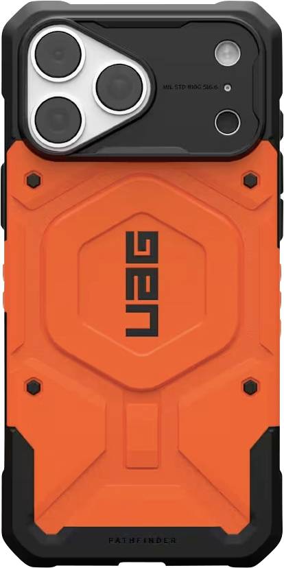 Orange och svart robust smartphonefodral med tre kameraöppningar och UAG-varumärkesmärkning.