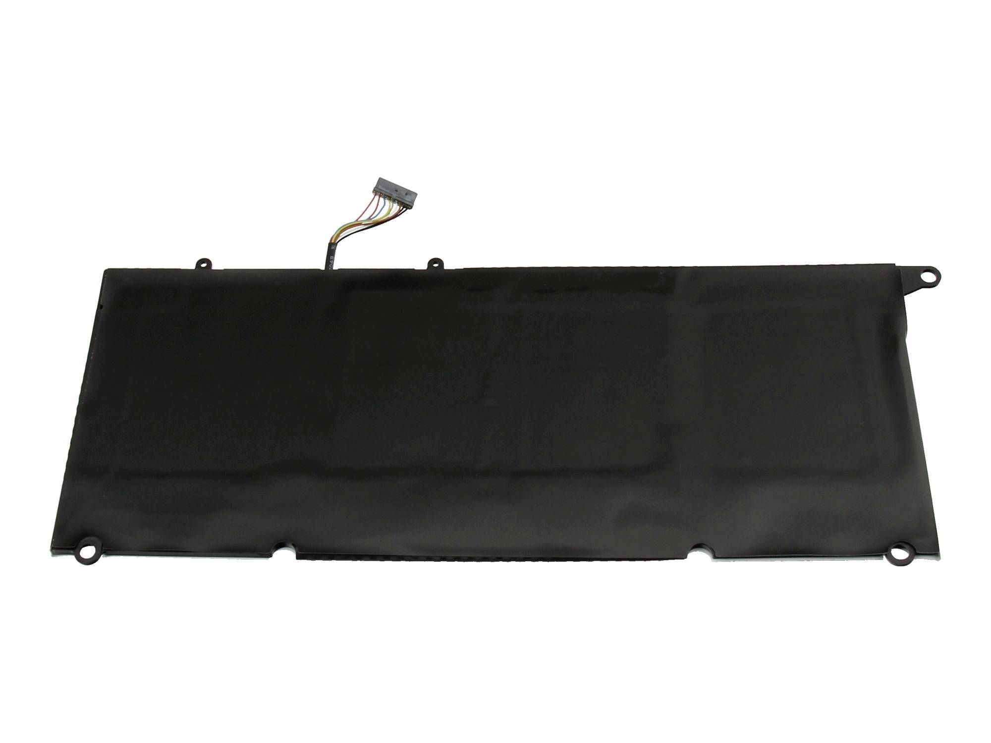 Svart rektangulär batterienhet för laptop med anslutningskabel och monteringsflikar på vit bakgrund.
