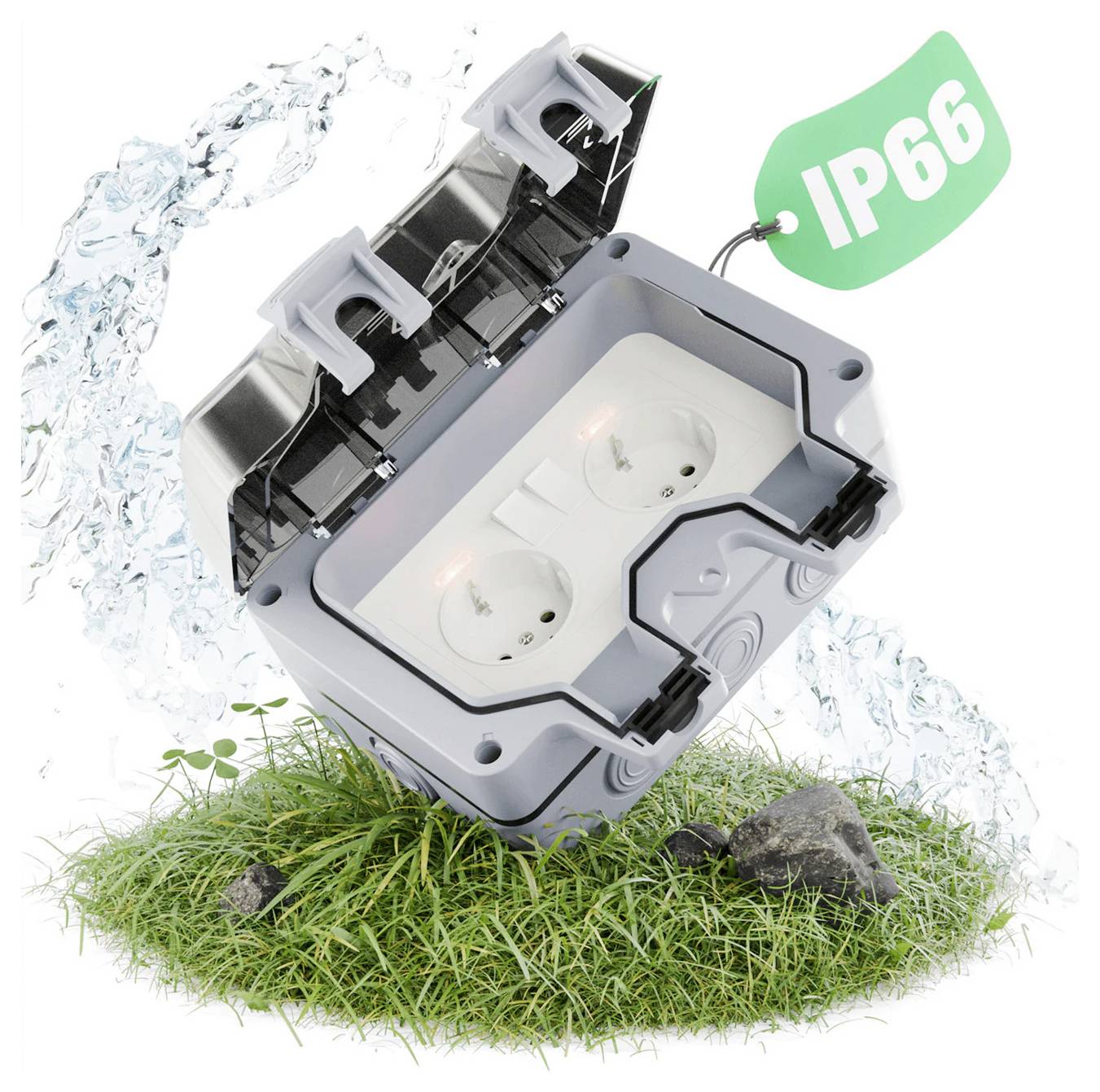 Vattentät utomhusbox för eluttag med öppen lock och "IP66"-klassificering, visad när vatten sprutas över gräs och stenar.