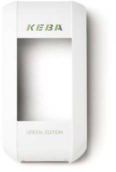 Vit KEBA väggmonterad enhet eller laddare märkt "GREEN EDITION" på en enfärgad bakgrund.