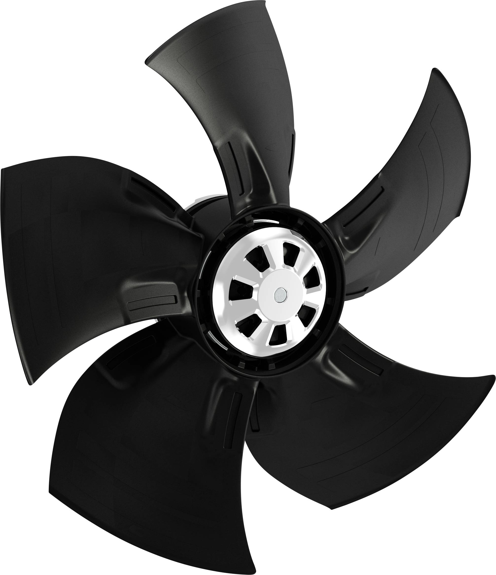 Svart fembladsvinsch eller propeller som visas mot vit bakgrund, centrerad och sedd framifrån.