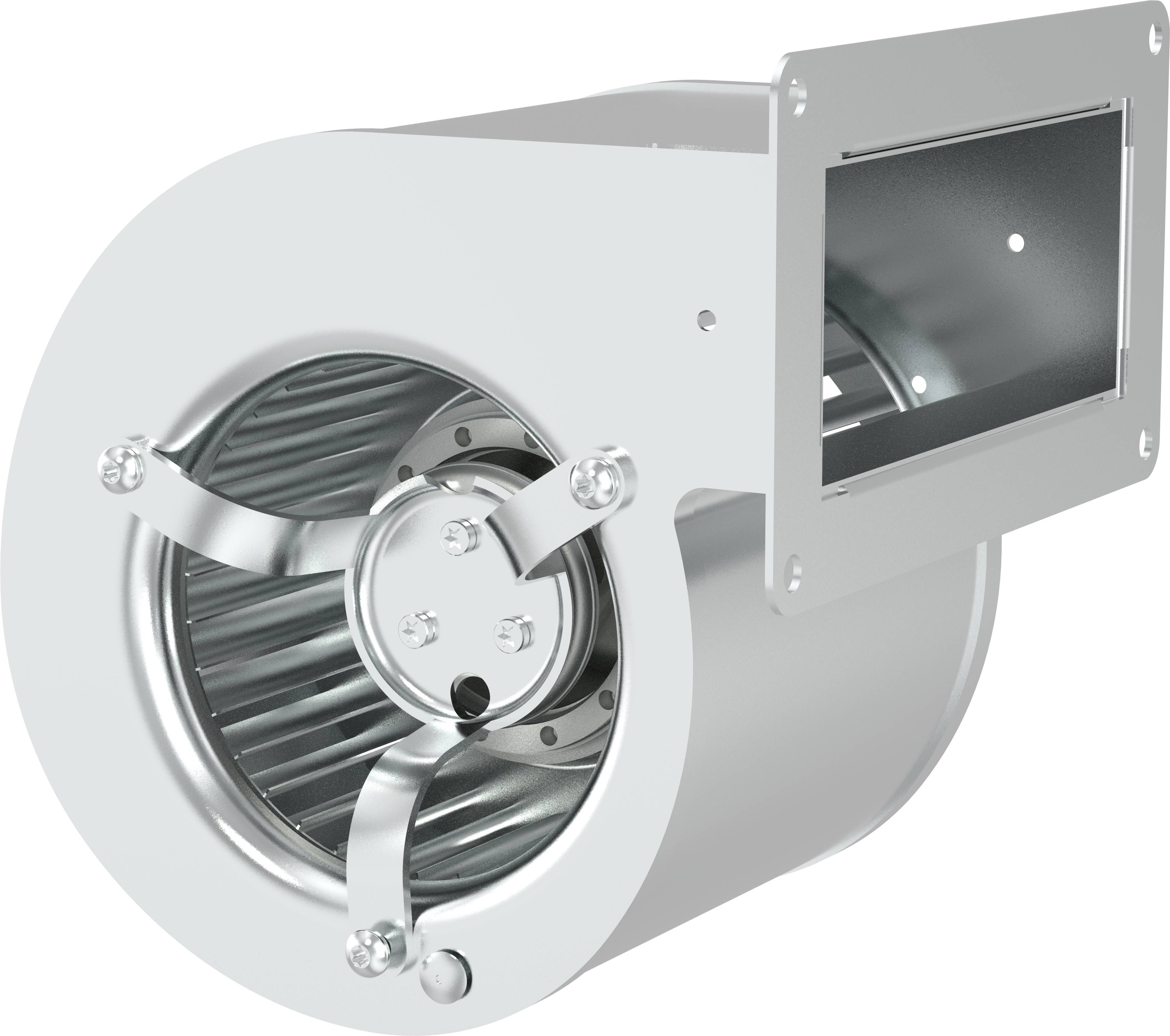 Metallfläkt med centrifugalkompressor med rund intag och rektangulär utlopp, visad i en produktstilsfoto i närbild mot vit bakgrund.