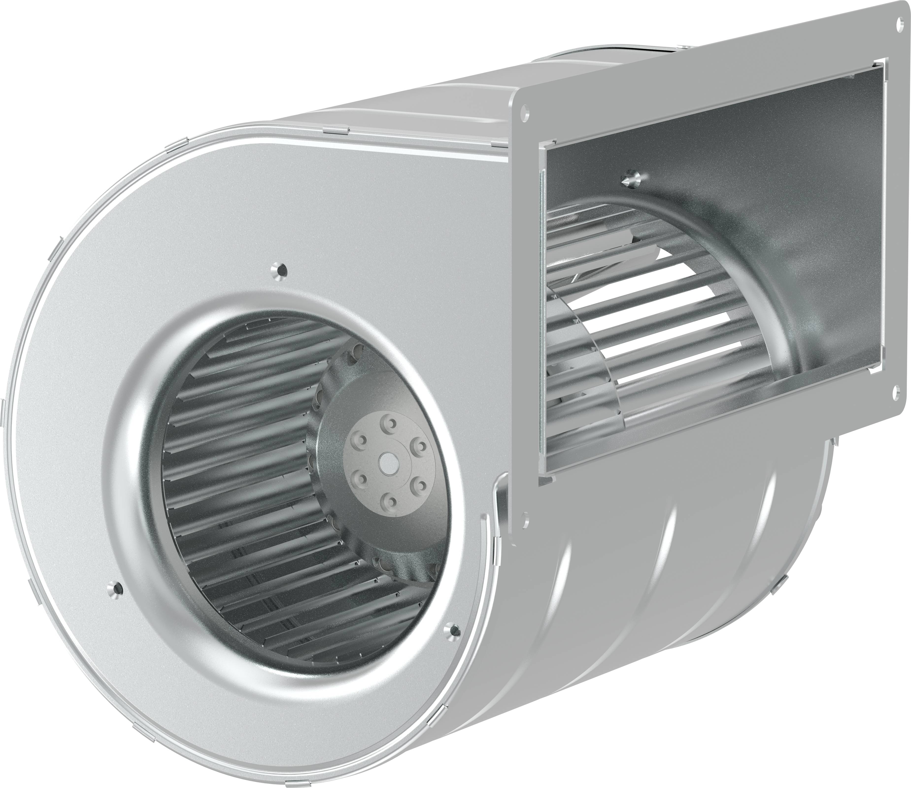 Industriell centrifugal blästerfläkthusvagn med synlig omrörare och utloppsöppning på vit bakgrund.