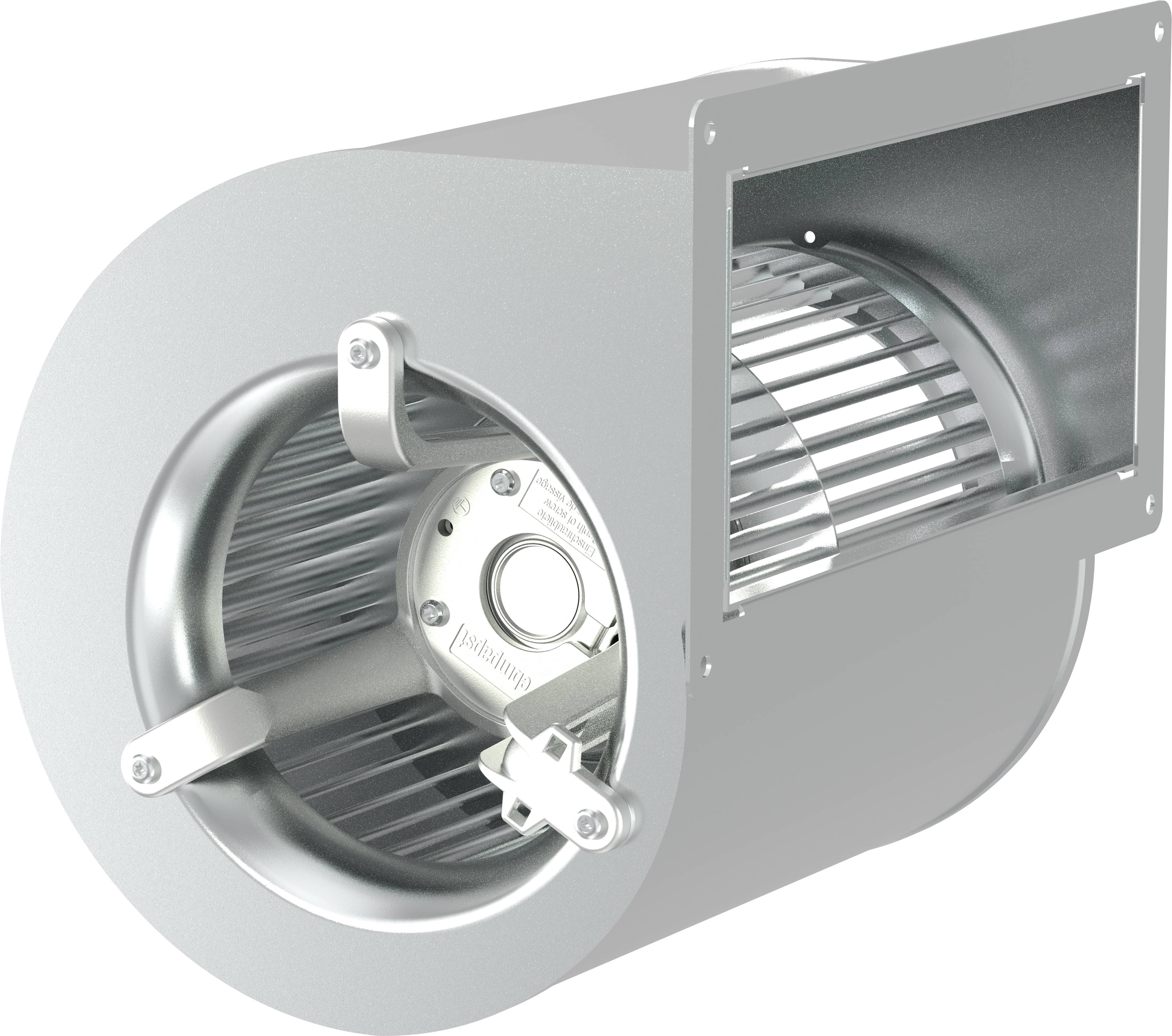 Metallisk inline-centrifugalflälkt med synlig löphjul inuti ett grått cylindriskt hus och rektangulärt utloppsflänsch.