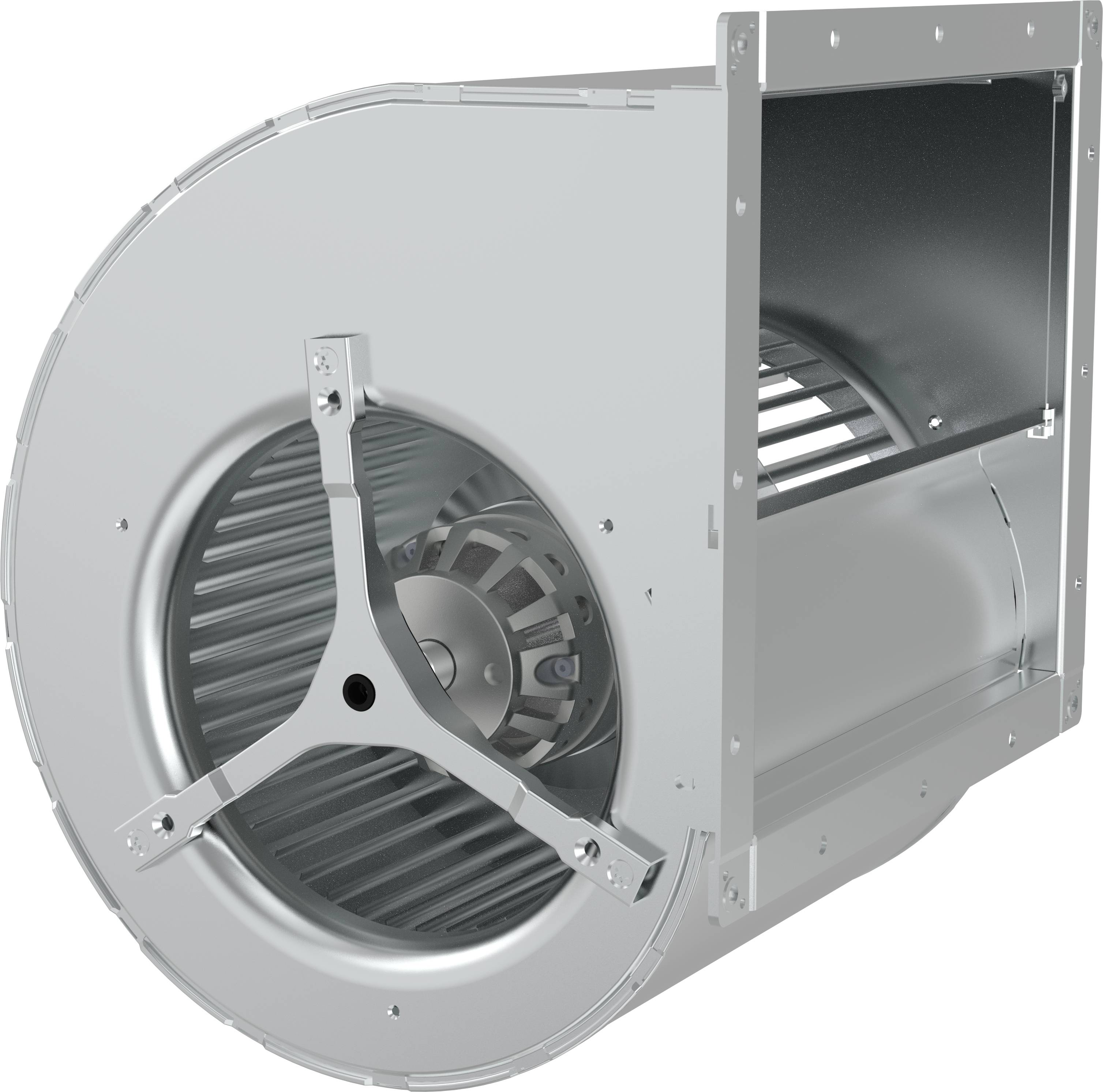 Industriell centrifugal blästerfläkt med huv och synligt impeller samt monteringsram, visad i en ren produktstilvy.