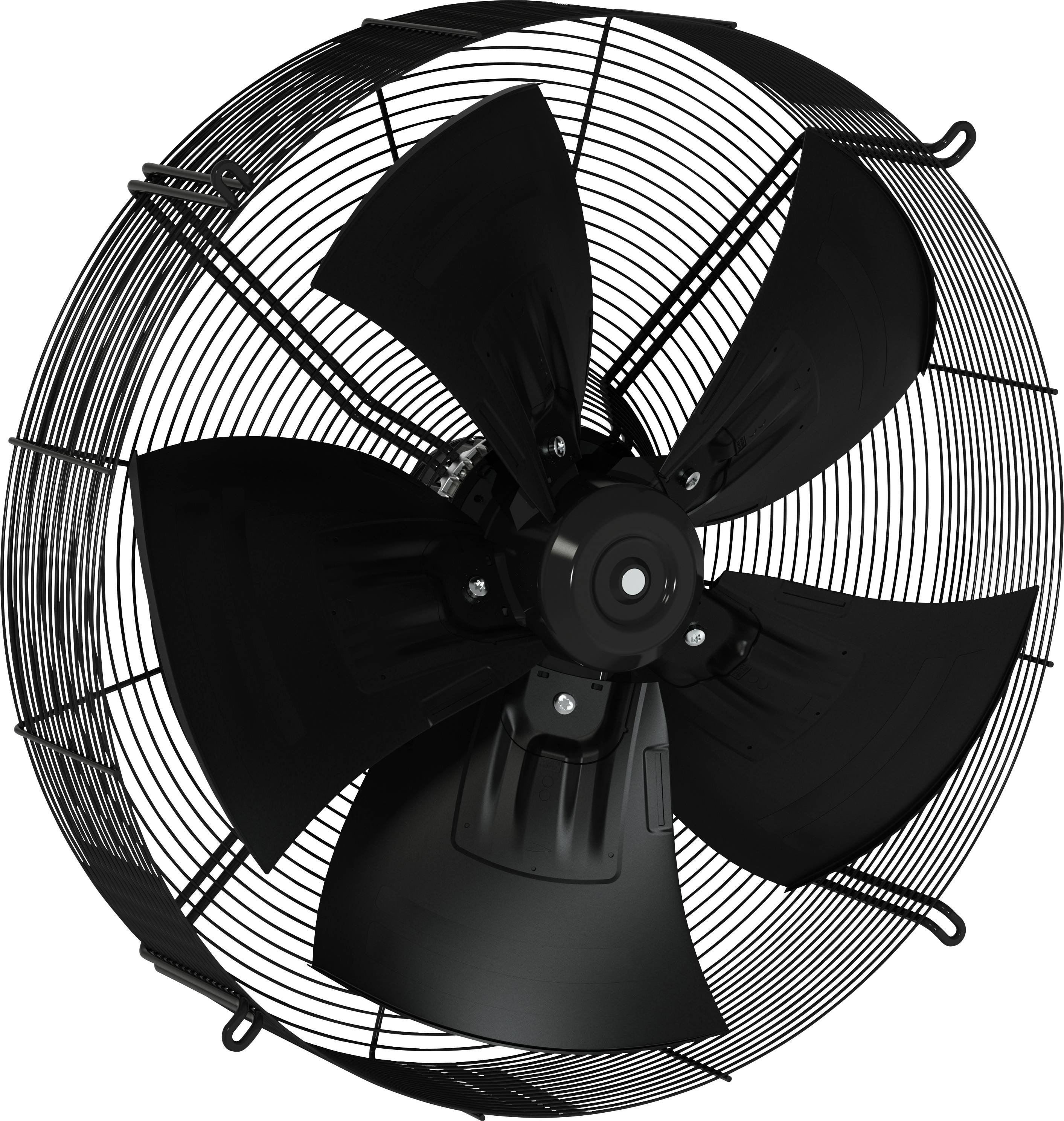 Svart industriväxelventilator med fem blad och skyddsnät av metall på vit bakgrund.