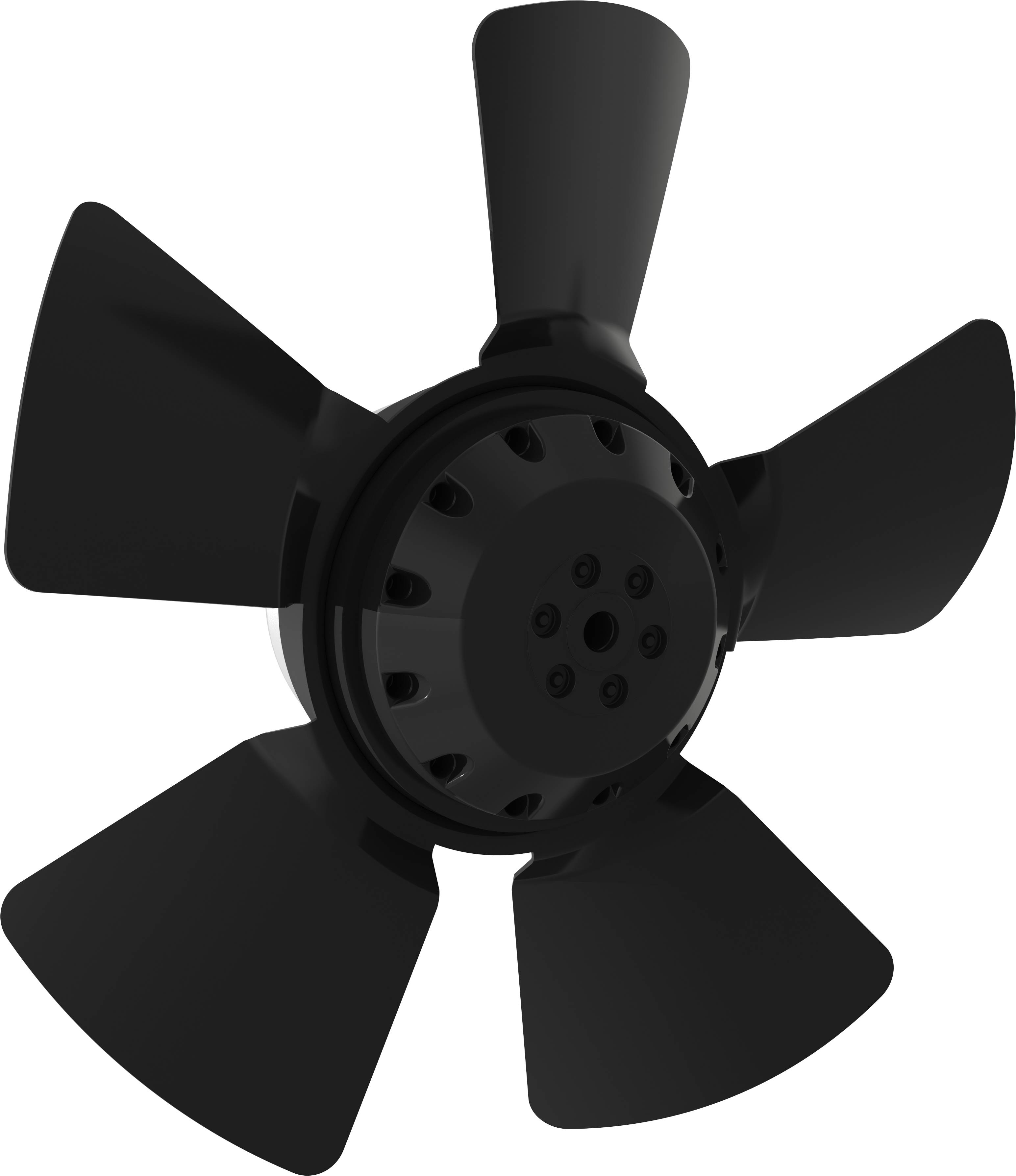 Svart fembladsvis fläktpropeller visad på vit bakgrund.