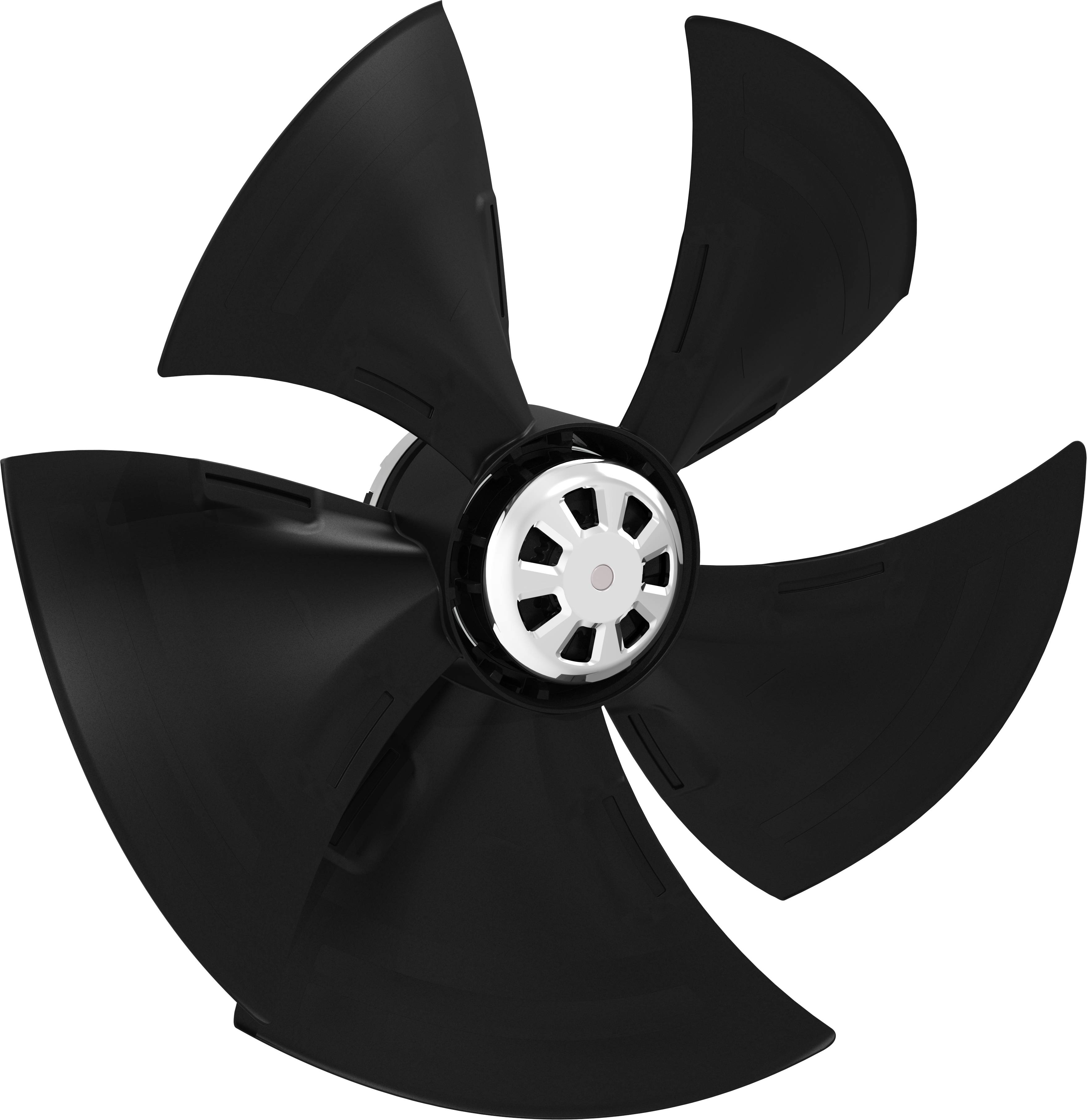 Svart fembladsflakt eller propeller med silver-färgad nav, visad isolerad mot en vit bakgrund.