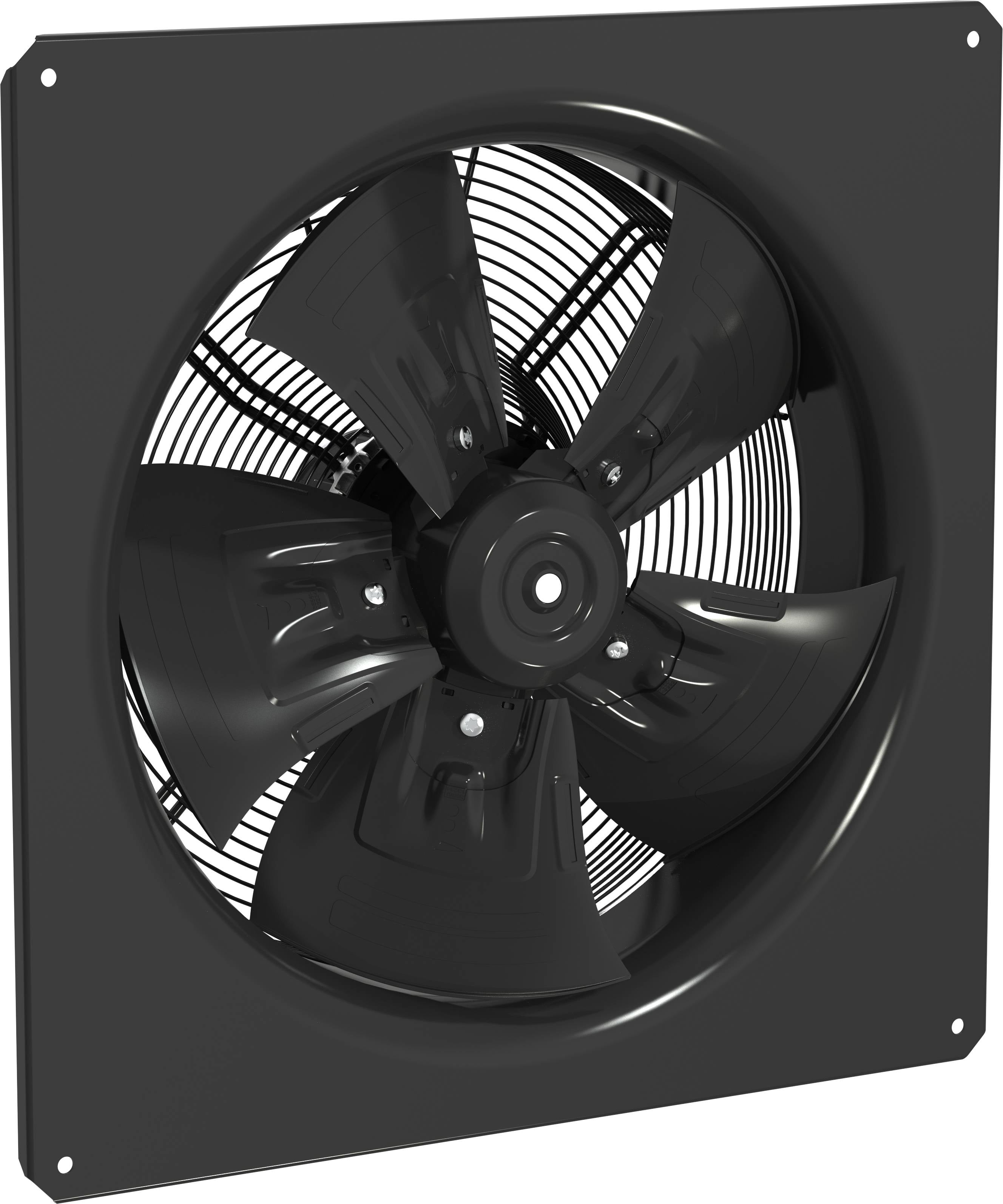 Svart industriell axiell ventilationsfläkt monterad i ett kvadratiskt metallhus, sedd från framsidan.