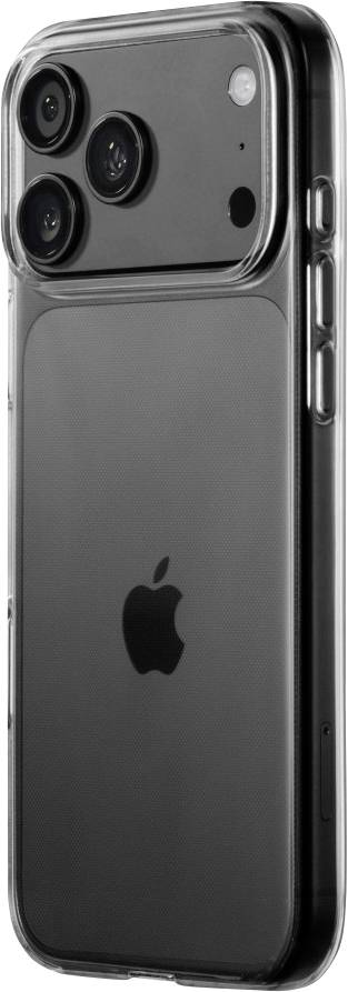 Svart iPhone i ett genomskinligt skyddande fodral, visad från baksidan med tre bakkameror och Apples logotyp synlig.