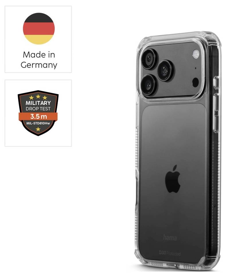 Transparent skyddsfodral på en iPhone, visad med märken för "Tillverkad i Tyskland" och "Military Drop Test 3,5 m".