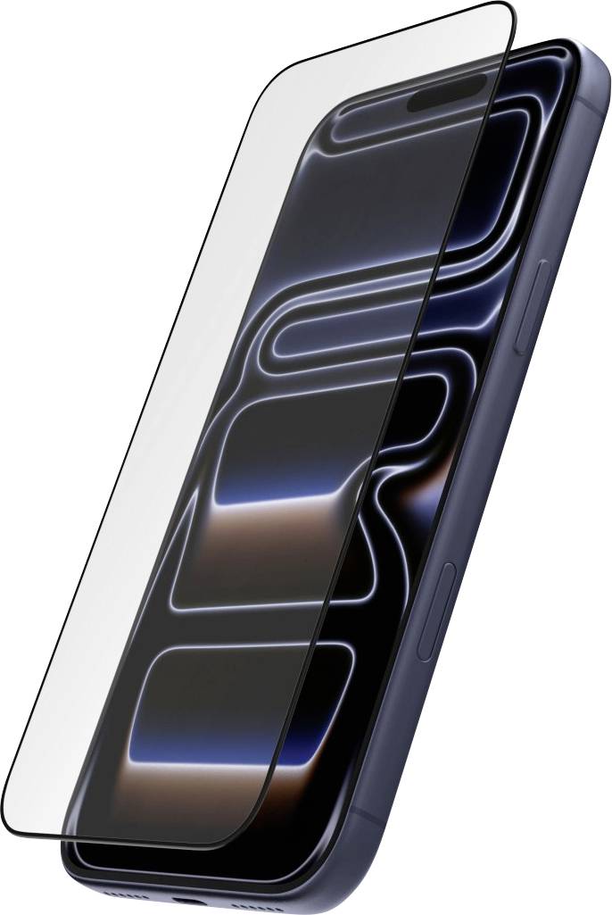 En mörk blå smartphone visad i vinkel med ett transparent skärmskydd som delvis täcker displayen.