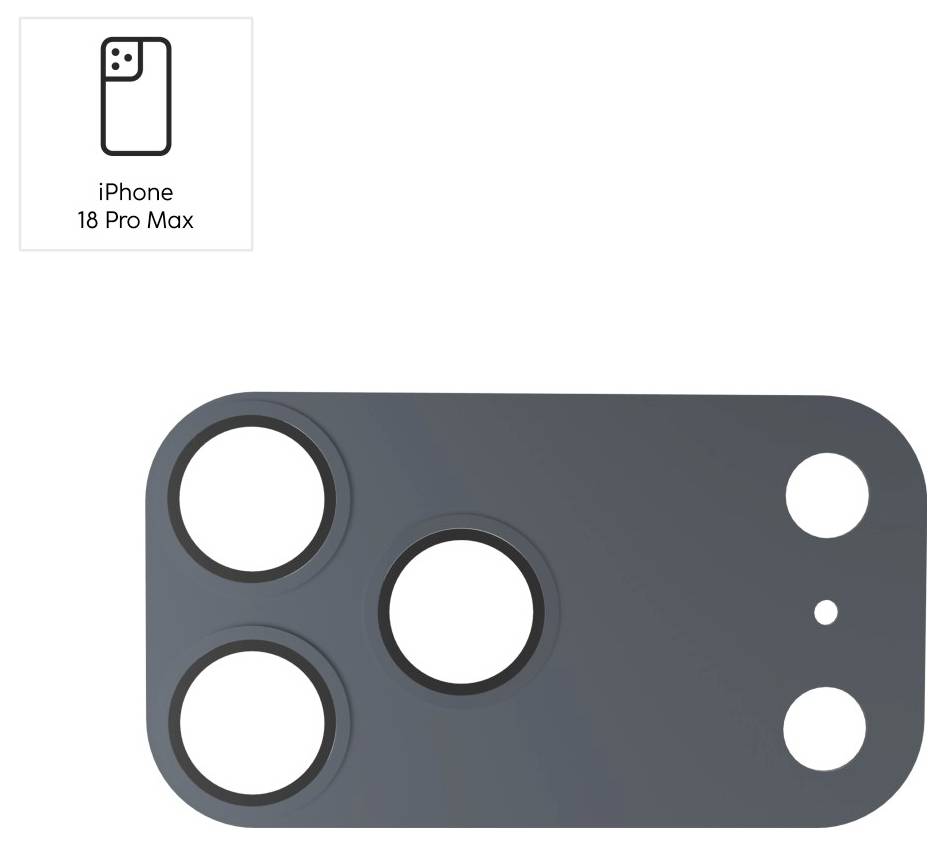 iPhone 18 Pro Max kameramall som visar tre stora linsöppningar och två mindre öppningar på en mörkgrå rundad rektangel, med en liten inläggningsikon och etikett.