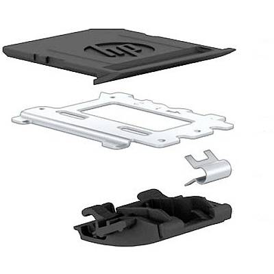 Sprängskiss av en svart och vit plasmonterbracketassembly med separat topplock, baskplåt och klippkomponenter.