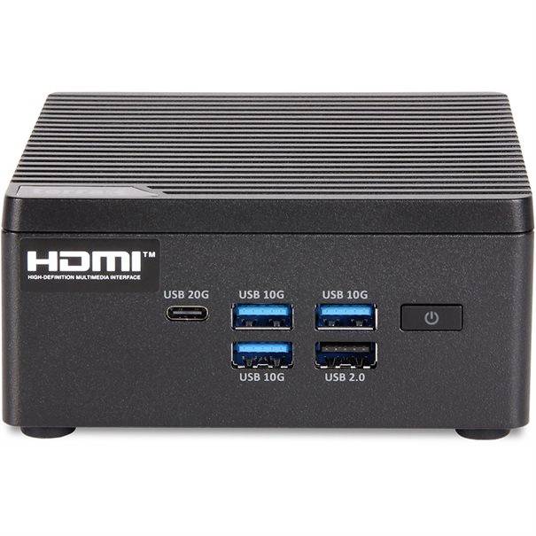 Svart mini-dator med HDMI-port, en USB-C 20G-port, tre USB 10G-portar, en USB 2.0-port och strömknapp på framsidan.