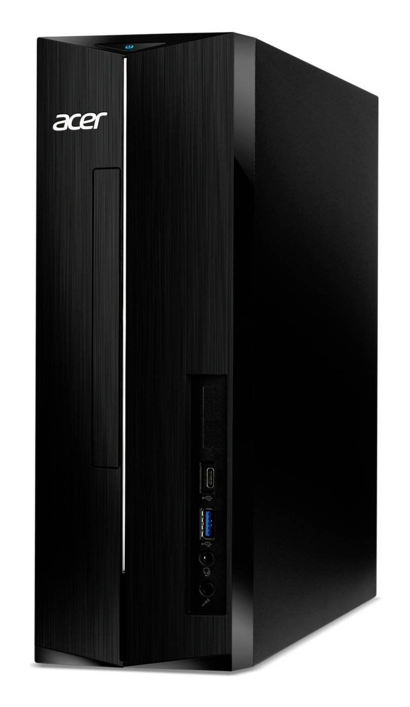 Acer skrivbordsdator i torntorn, svart smal chassi visad i trekvartsvy med USB-portar och ljudportar synliga på framsidan.