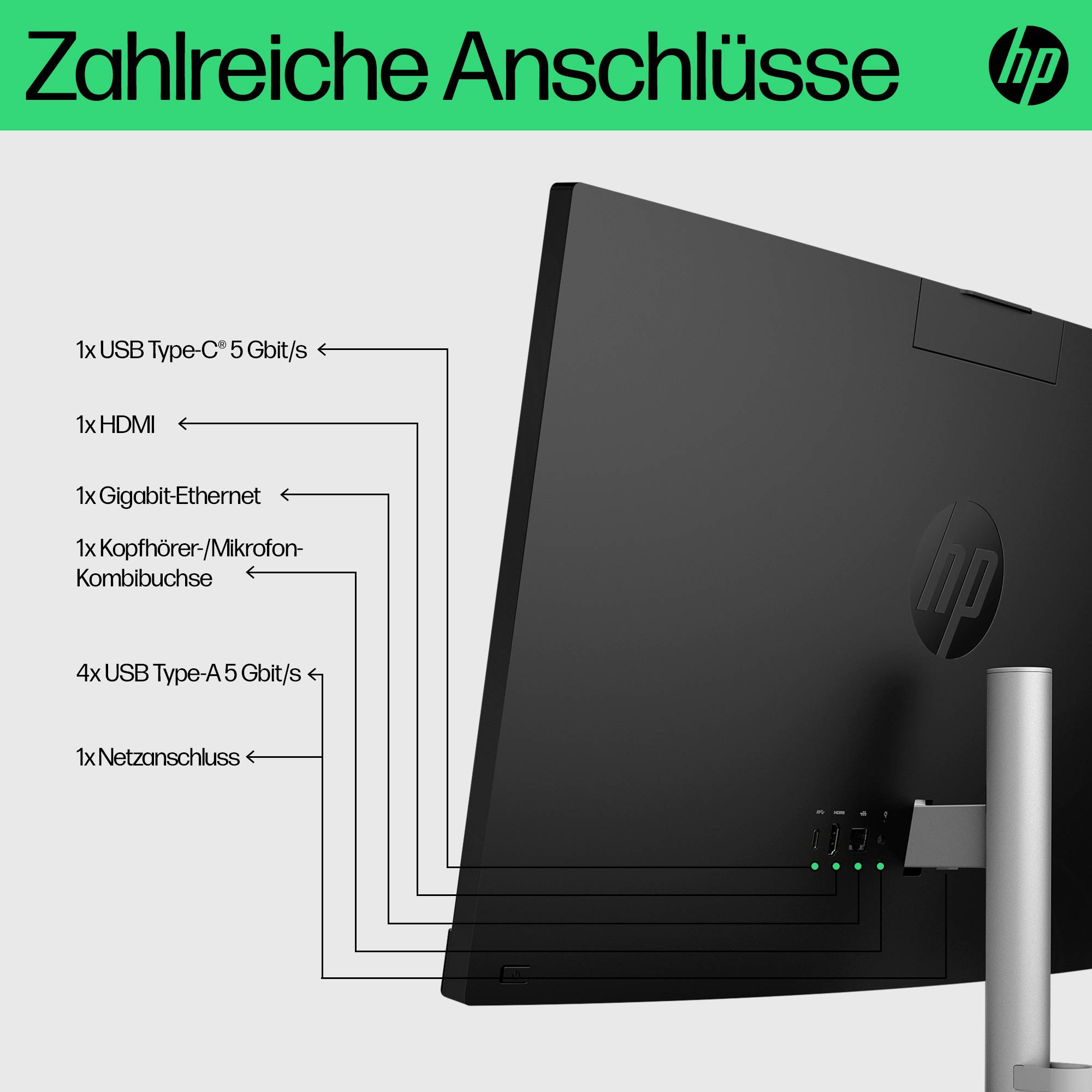 HP-monitor bakvy med märkta portar: 1x USB Type-C 5 Gbit/s, 1x HDMI, 1x Gigabit-Ethernet, 1x hörlur/mikrofon-kombination, 4x USB Type-A 5 Gbit/s och 1x strömkontakt.