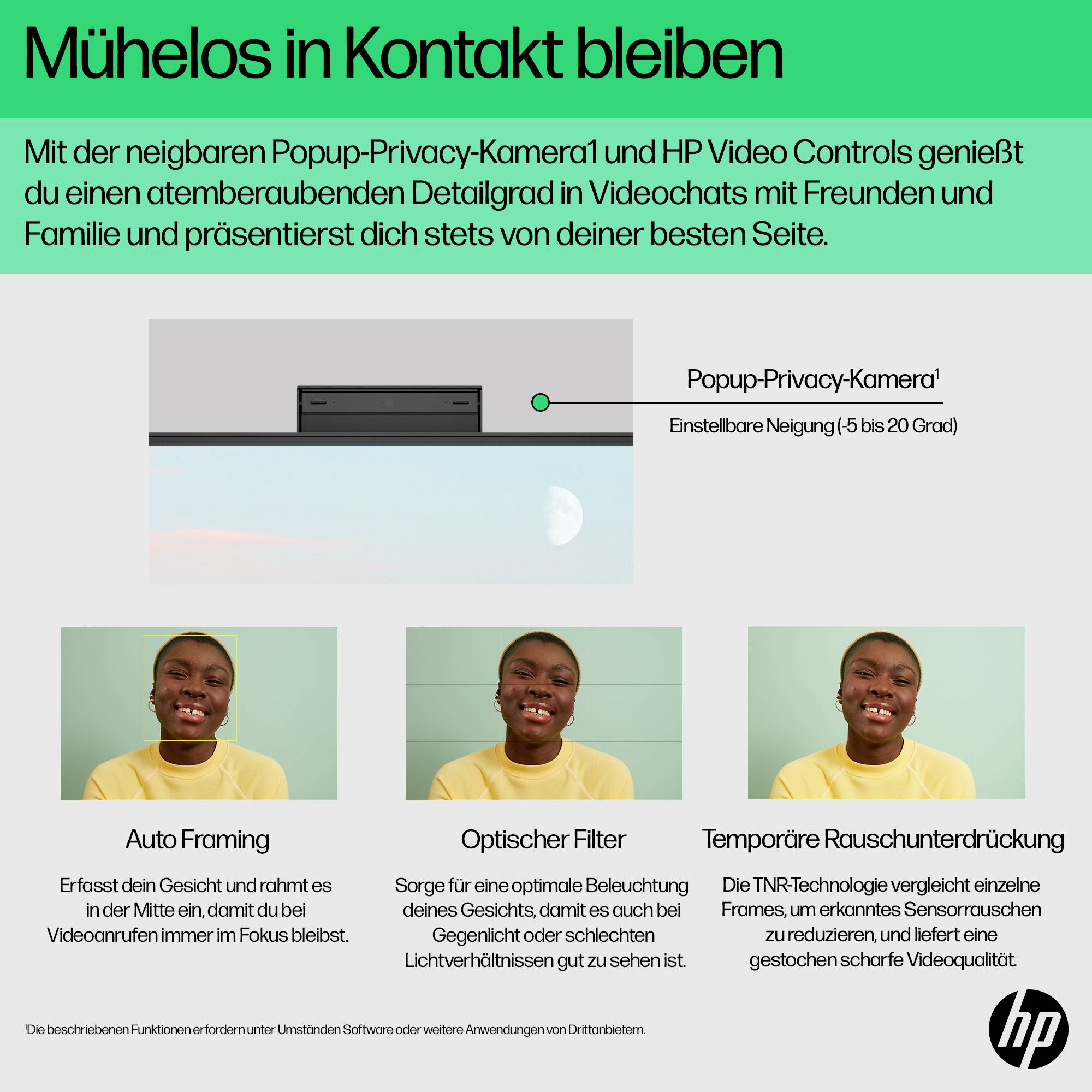 HP-webbkameors reklamkampanj med "Enkelt att stanna i kontakt" och tre funktioner: automatisk ramagning, optiskt filter och tillfällig brusreducering.