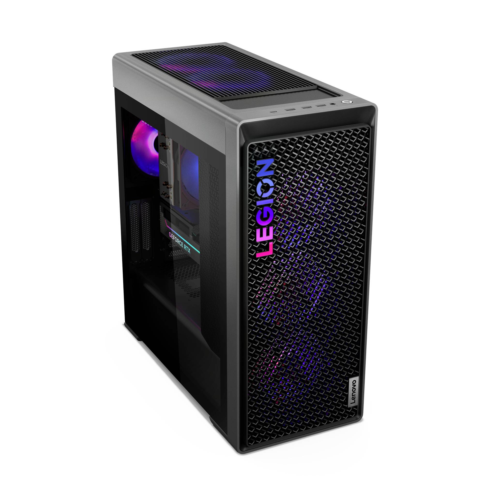 Svart Lenovo Legion stationär datorhus med RGB-belyst inre och mönstrad främre grill på vit bakgrund.