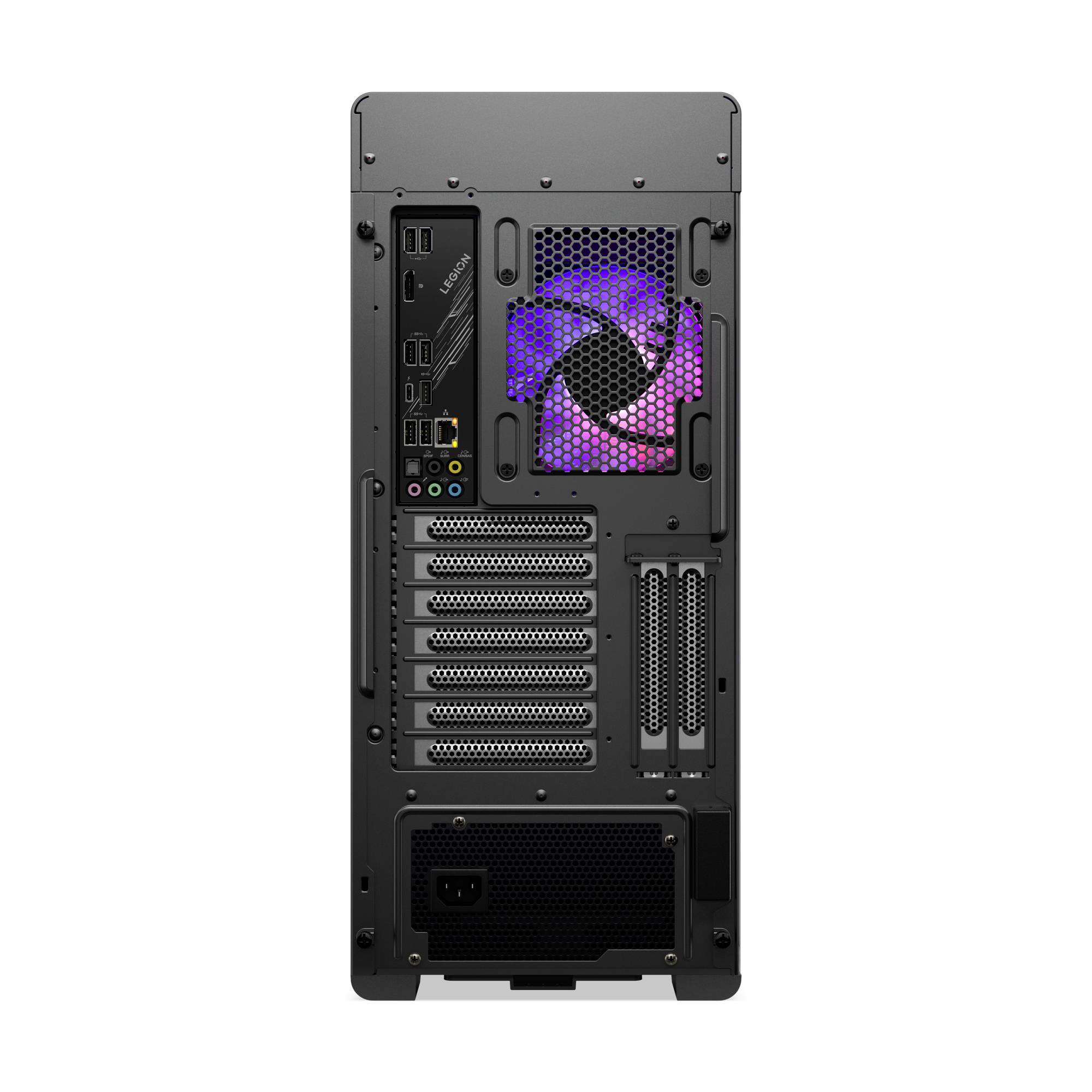 Bakvy av ett desktop-PC-hölje som visar ventilationsfläkt, moderkortsportar, expansionsplatser och strömförsörjningsområde.