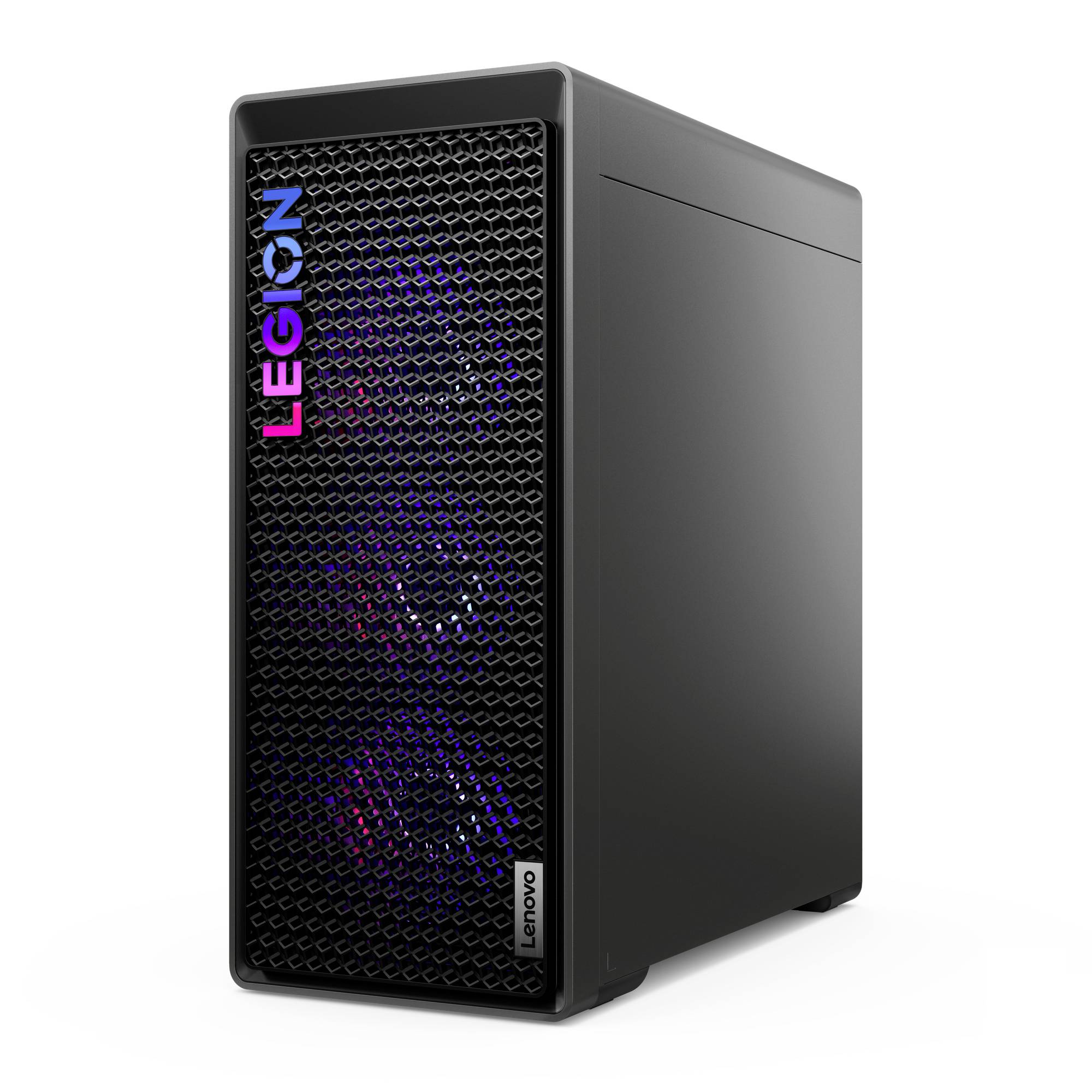Svart Lenovo Legion stationär dator med meshpanel fram och lila belyst interna fläktar.